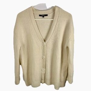 Quince 100% Cashmere Cardigan Sweater Boyfriend Fisherman V-Neck Cream Women S